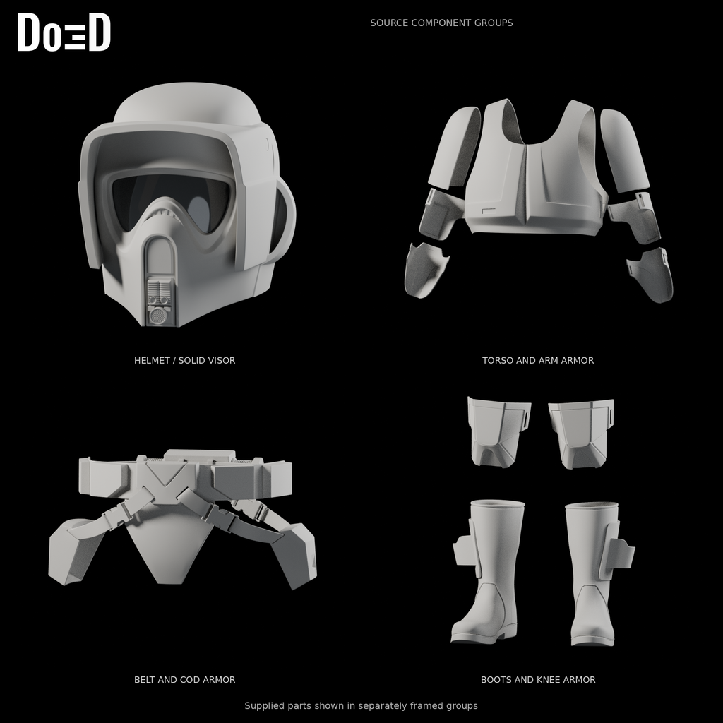 Scout Trooper armor set, original helmet, torso and arms, belt, boots and knees shown in labeled source component groups, Blender rendered front views