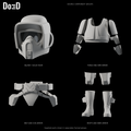 Scout Trooper armor set, original helmet, torso and arms, belt, boots and knees shown in labeled source component groups, Blender rendered front views