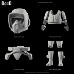 Scout Trooper armor set, original helmet, torso and arms, belt, boots and knees shown in labeled source component groups, Blender rendered front views