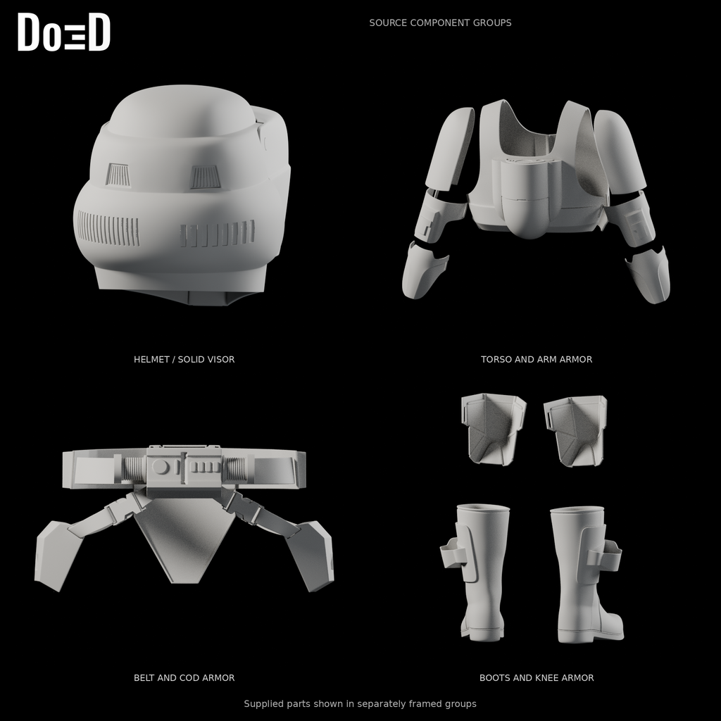 Scout Trooper armor set, rear views of the same labeled original source component groups