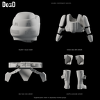 Scout Trooper armor set, rear views of the same labeled original source component groups