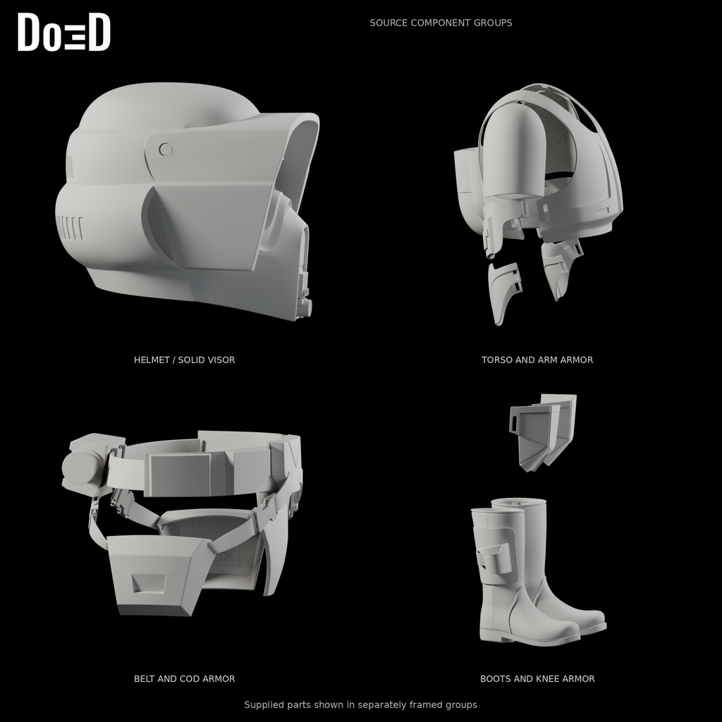 Scout Trooper armor set, side views of the same labeled original source component groups