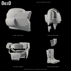 Scout Trooper armor set, side views of the same labeled original source component groups