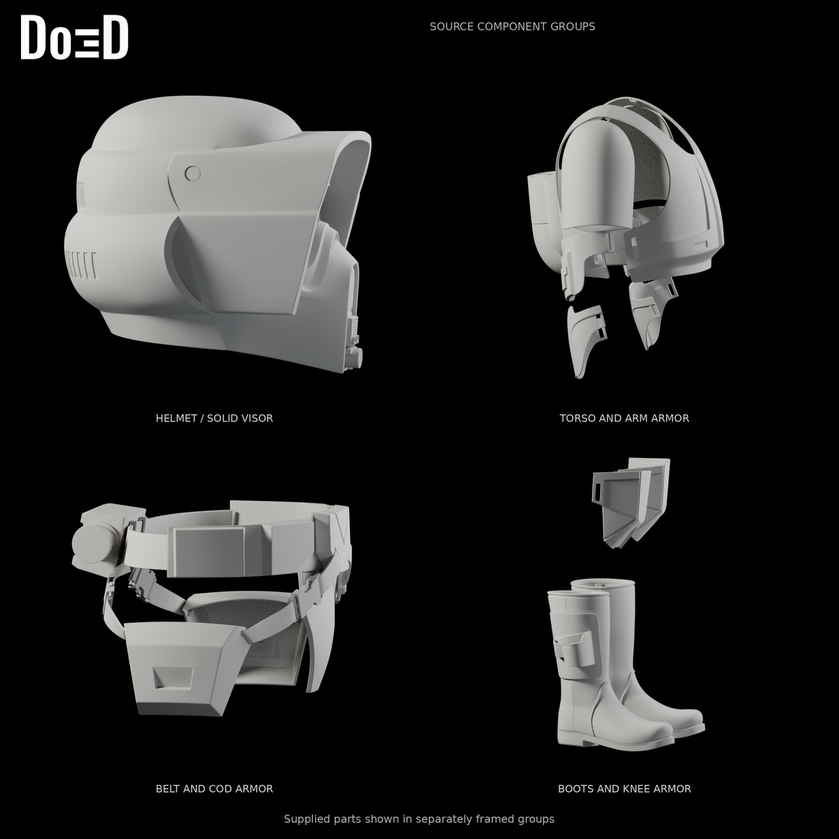 Scout Trooper armor set, side views of the same labeled original source component groups