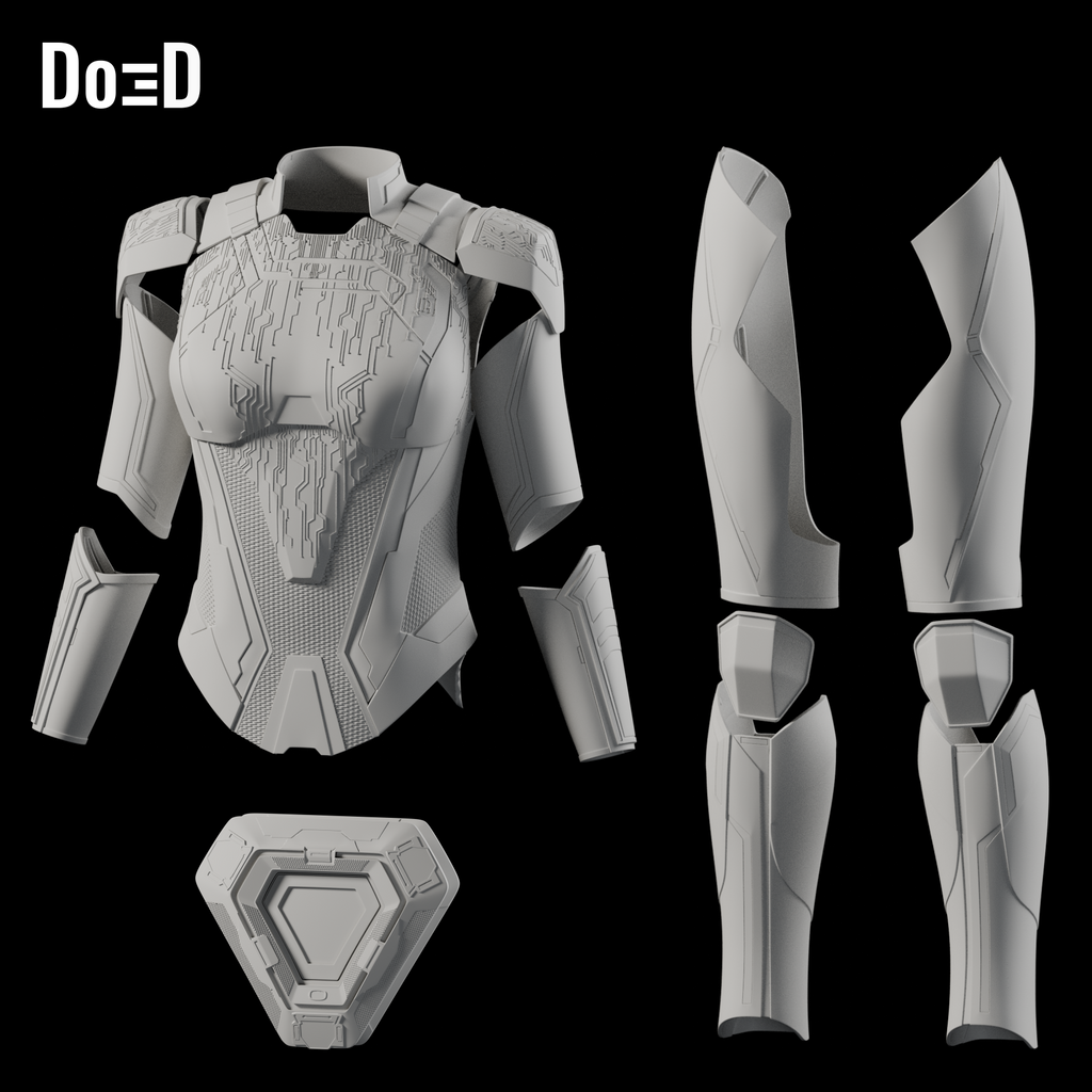 Do3D Athena Tron Ares body armor, separate upper armor, leg armor and back disk views, accurate Blender clay render