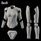Do3D Athena Tron Ares body armor, separate upper armor, leg armor and back disk views, accurate Blender clay render