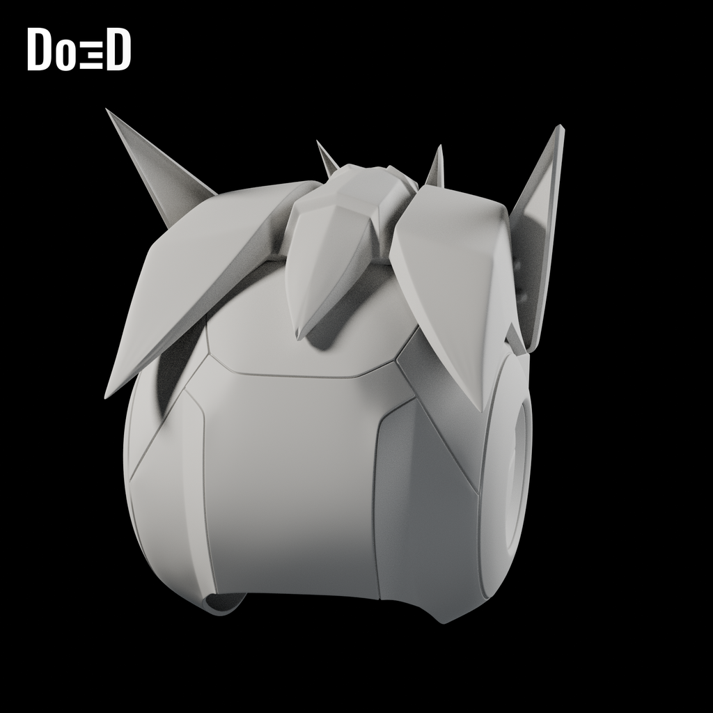 Do3D Transformers Tarn helmet, original model, Blender rendered rear three-quarter view
