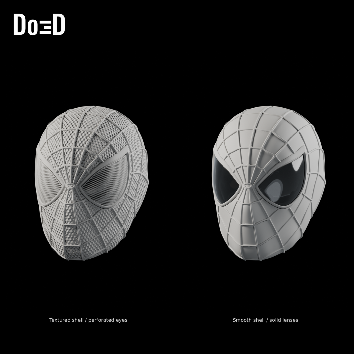 Amazing Spider-Man 2 face shell, labeled textured perforated-eye and smooth solid-lens alternatives, Blender rendered front view
