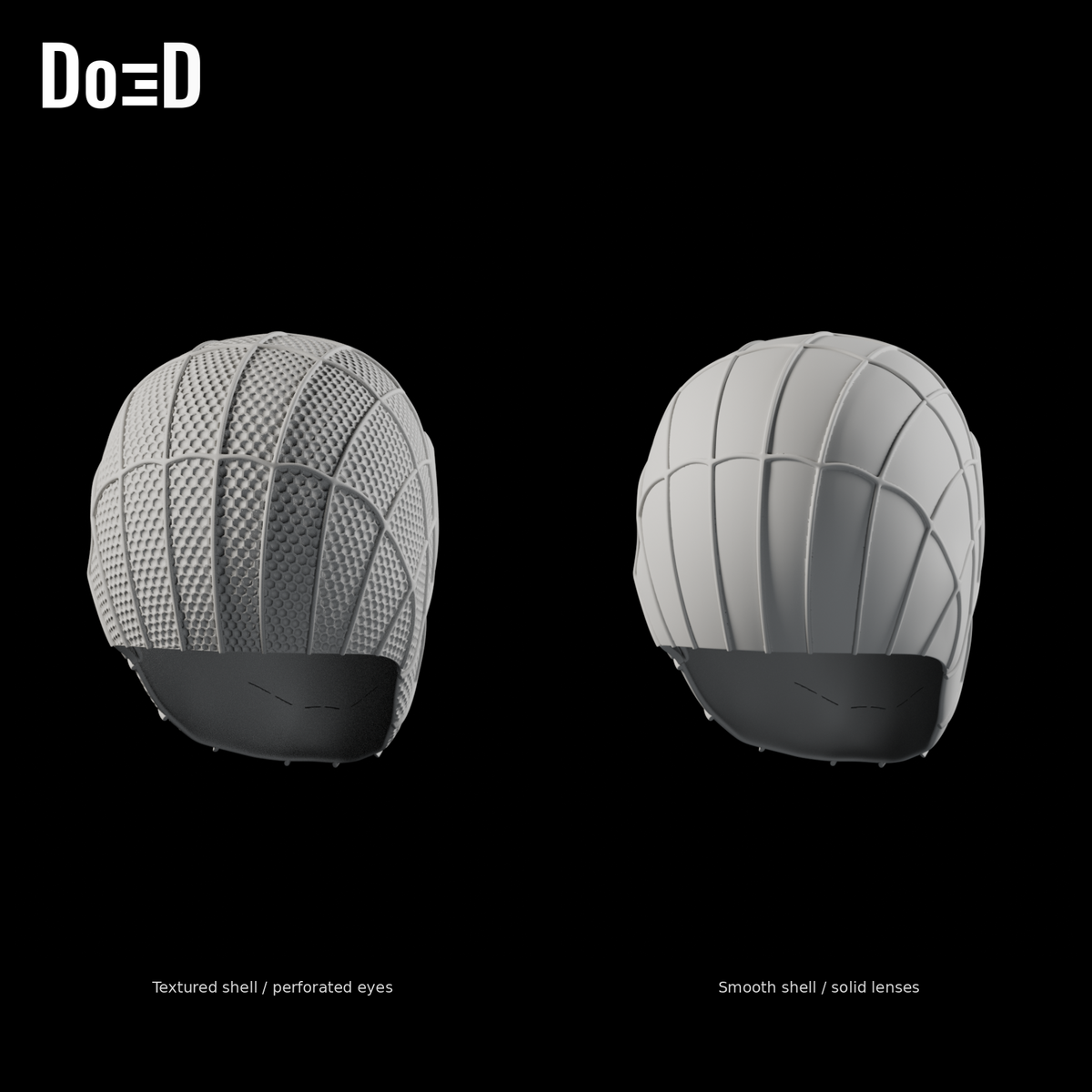 Amazing Spider-Man 2 face shell, rear view of the same labeled textured perforated-eye and smooth solid-lens alternatives