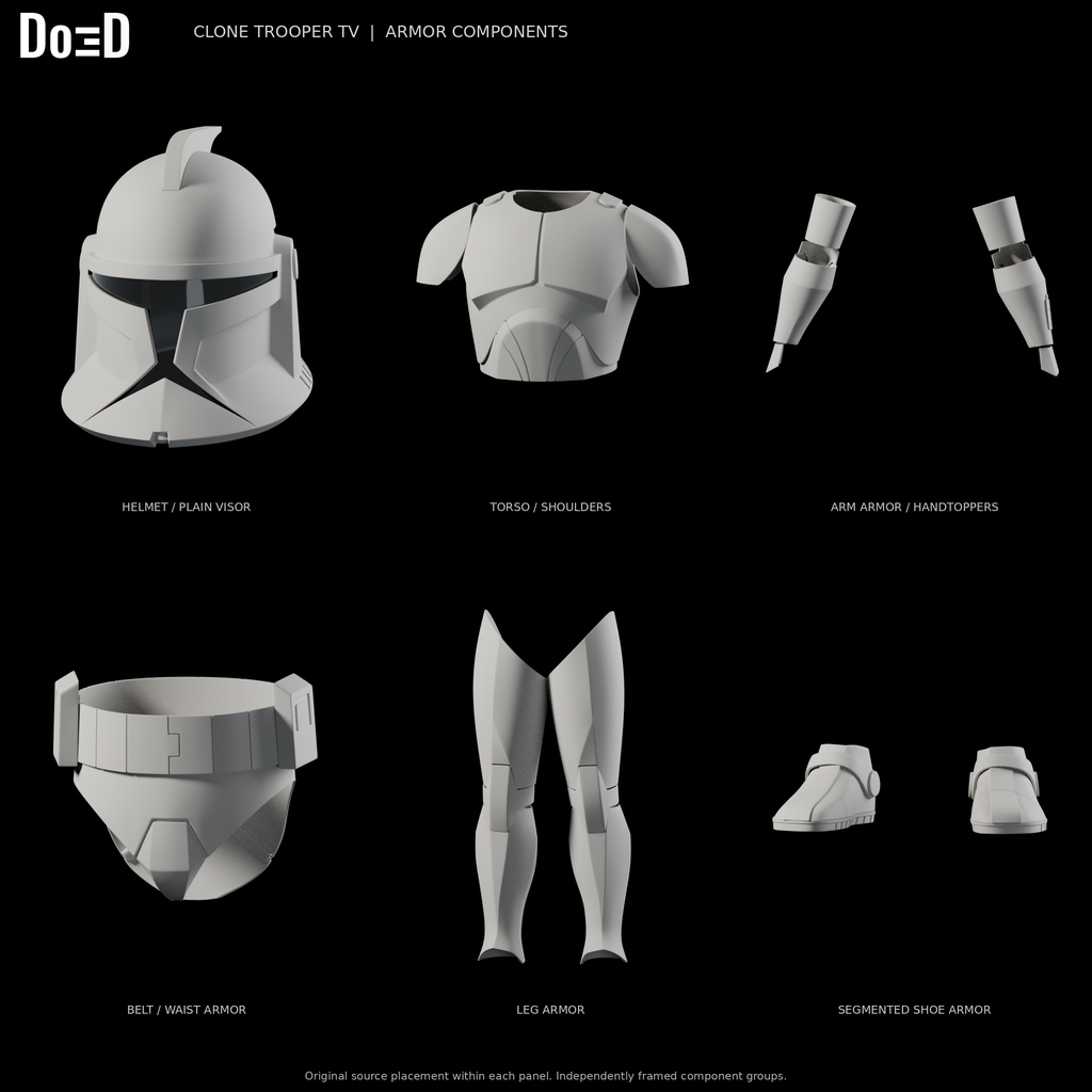 Clone Trooper TV armor, original supplied components and plain glass visor variant in six separately framed source groups, Blender rendered front views