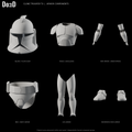 Clone Trooper TV armor, original supplied components and plain glass visor variant in six separately framed source groups, Blender rendered front views