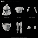 Clone Trooper TV armor, original supplied components and plain glass visor variant in six separately framed source groups, Blender rendered front views