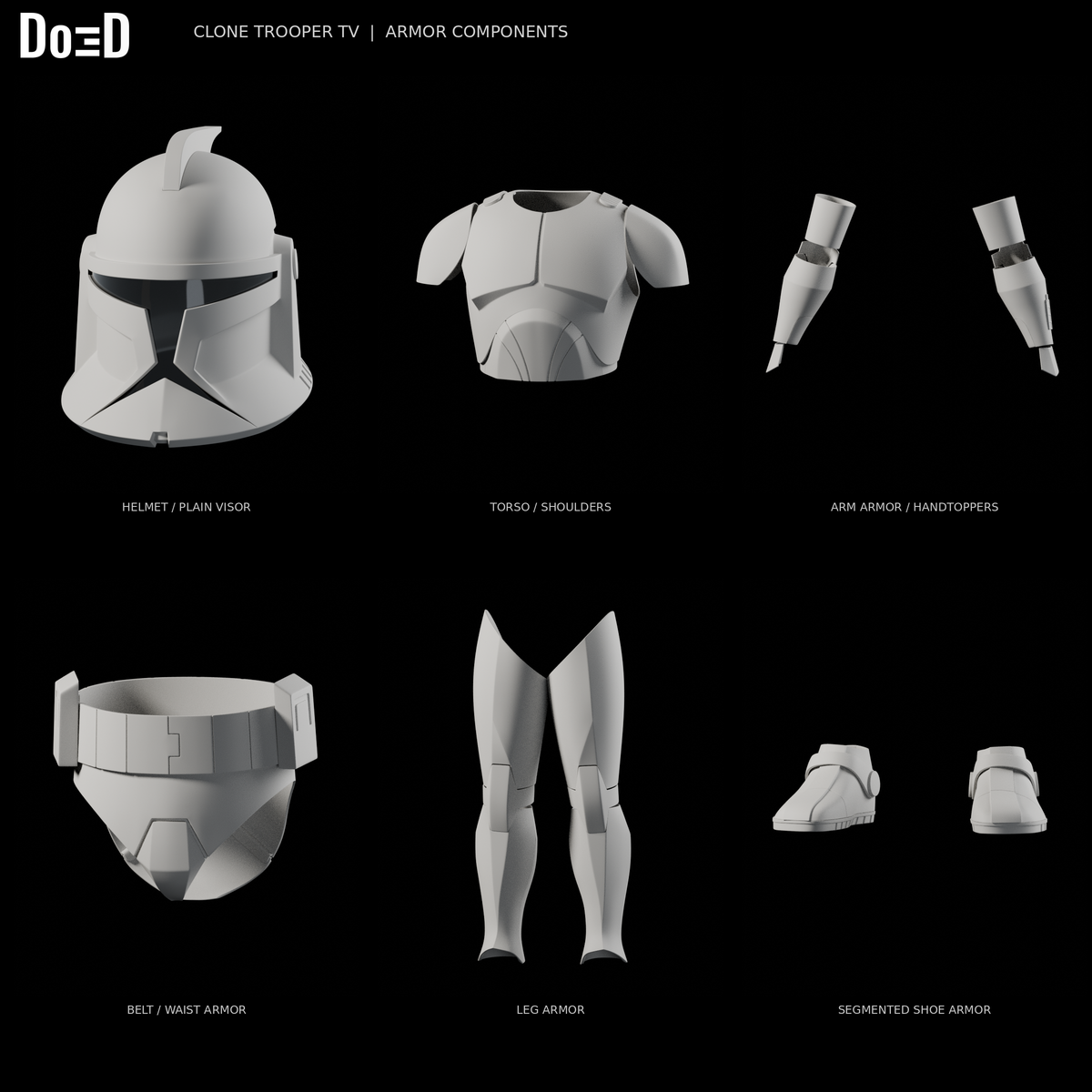 Clone Trooper TV armor, original supplied components and plain glass visor variant in six separately framed source groups, Blender rendered front views