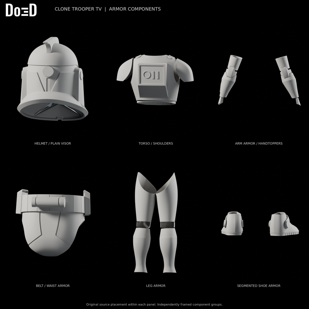 Clone Trooper TV armor, rear views of the same original components and plain visor variant in six separately framed source groups, Blender rendered