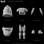 Clone Trooper TV armor, rear views of the same original components and plain visor variant in six separately framed source groups, Blender rendered