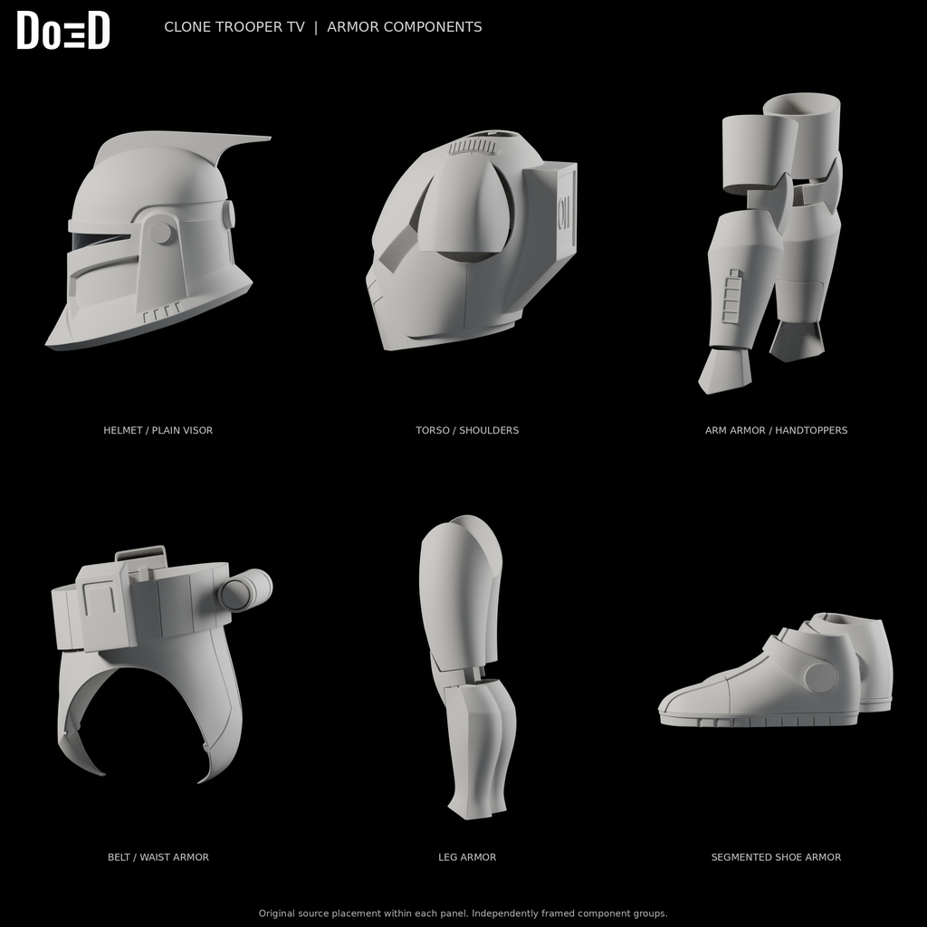 Clone Trooper TV armor, side views of the same original components and plain visor variant in six separately framed source groups, Blender rendered