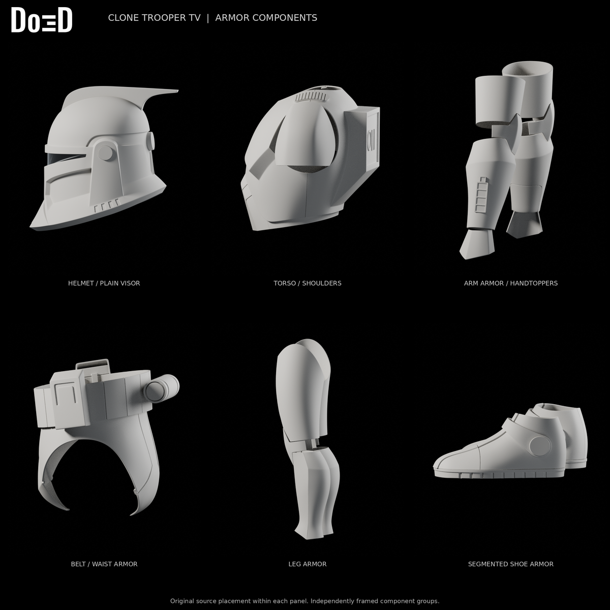 Clone Trooper TV armor, side views of the same original components and plain visor variant in six separately framed source groups, Blender rendered