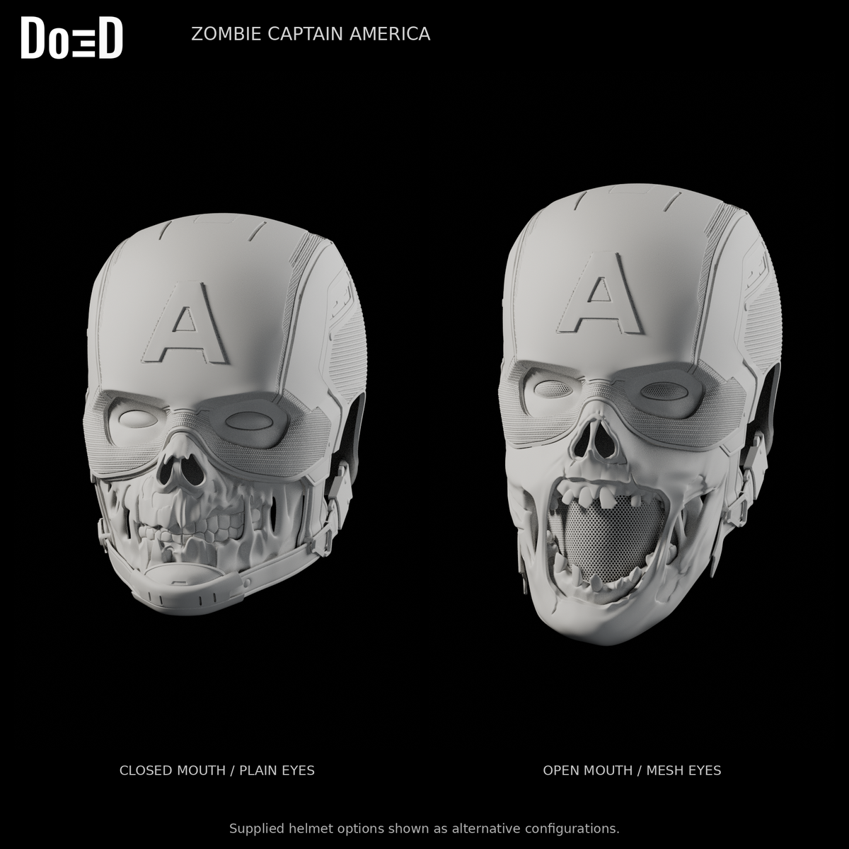 Zombie Captain America helmet, supplied closed-mouth plain-eye and open-mouth mesh-eye alternatives, Blender rendered front views