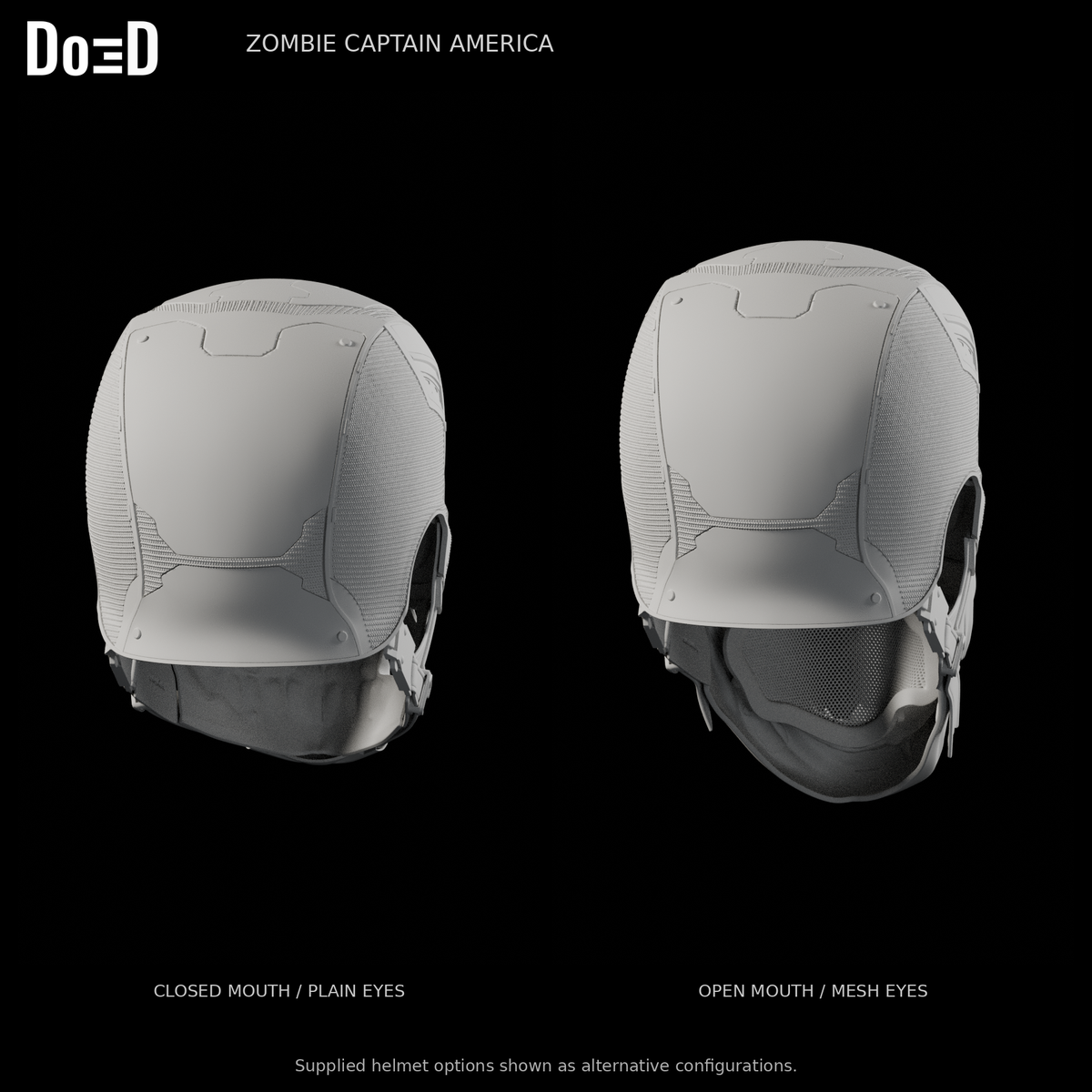 Zombie Captain America helmet, rear views of the same supplied closed-mouth plain-eye and open-mouth mesh-eye alternatives