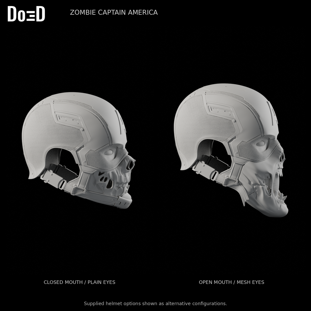 Zombie Captain America helmet, side views of the same supplied closed-mouth plain-eye and open-mouth mesh-eye alternatives