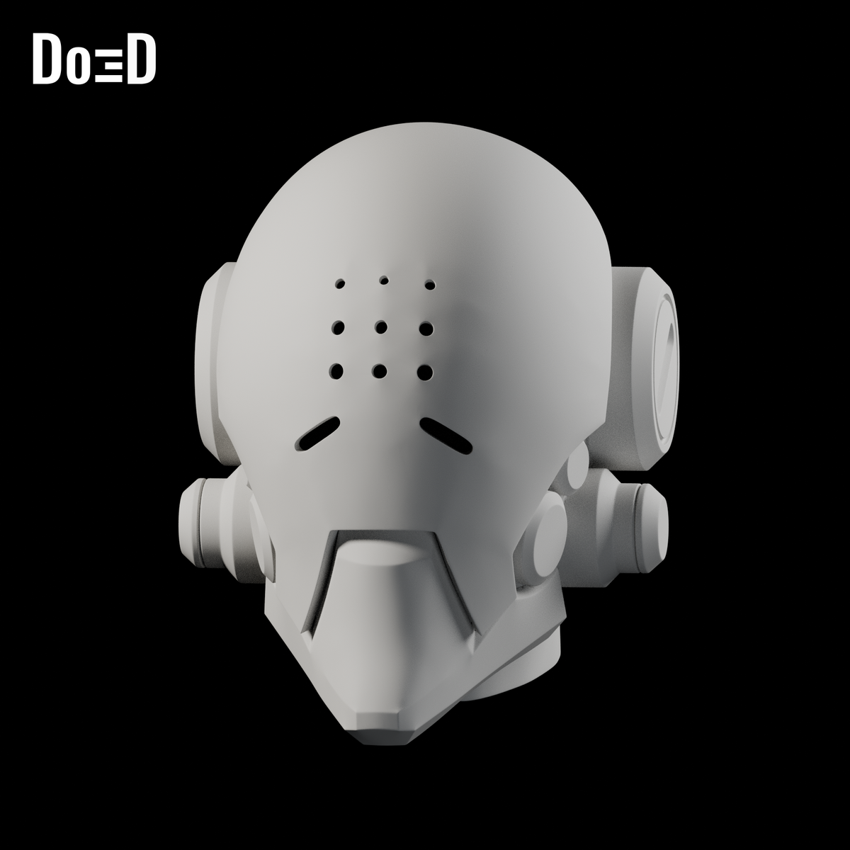 Do3D Zenyatta perforated helmet, original model, Blender rendered front three-quarter view