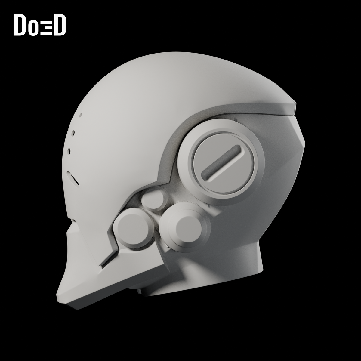 Do3D Zenyatta perforated helmet, original model, Blender rendered side view